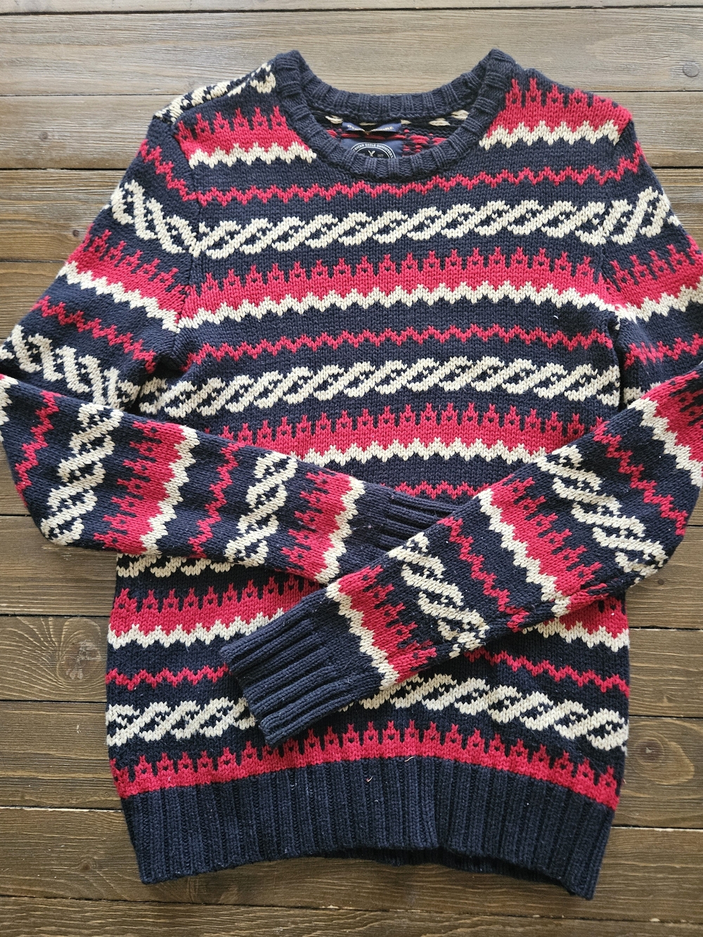 American Eagle Outfitters Navy, Red & Cream Fair Isle Crewneck Sweater